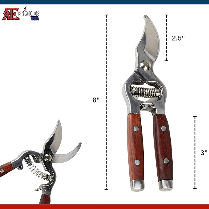 ATE Pro. Tools USA - Bypass Garden Pruning Shears - Heavy Duty, Professional Garden Shears, Wooden Handle, Stanless Steel, Garden Clippers, Rose Trimmers, Heat Treated, Mirror Polish, 8" Hand Pruners