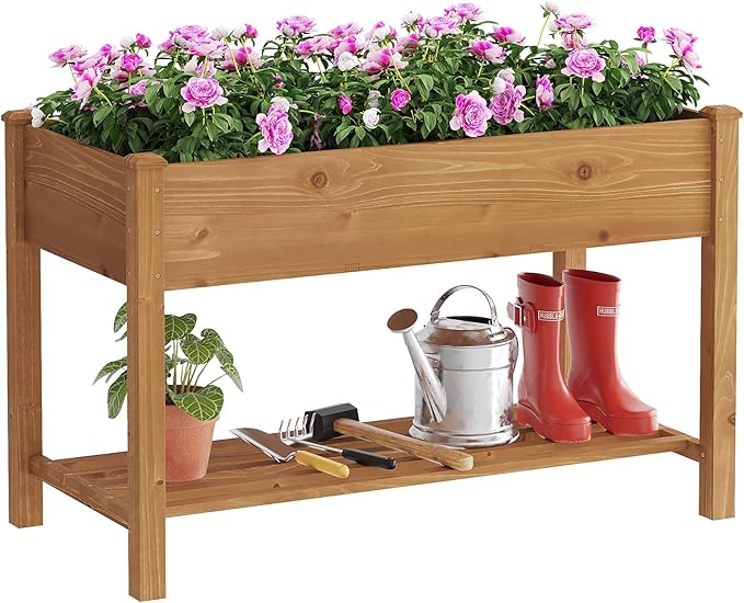 FILWH Raised Garden Bed with Legs Elevated Wooden Planter Box Stand Large Planter Stand Box for Fruits Vegetables Flowers with Divider with Bag - 48 * 24 * 30.5IN(Brown)