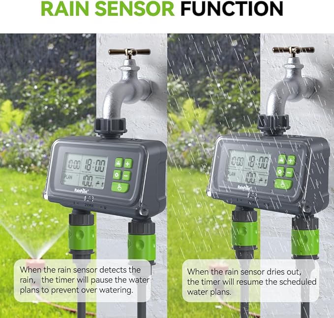 RAINPOINT 2 Zone Smart Water Timer for Garden Hoses - Lawn Sprinkler Timers with Up to 3 Preset Programs, Rain Delay Sensor, Smart Water Hose Timers, Drip Irrigation Timer for Garden Watering System