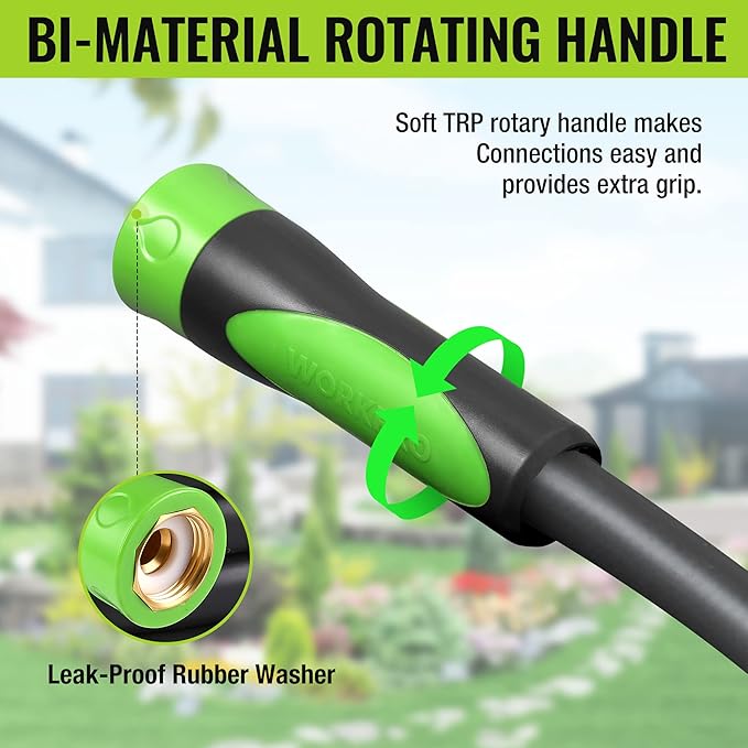 WORKPRO 5/8 IN x 50 FT Garden Hose, Heavy Duty, Flexible, Lightweight Water Hose with 360° Bi-Material Rotation Handle, 3/4" GHT Solid Brass Fittings, for Outdoor, Lawn, Garden & Yard, Car Wash