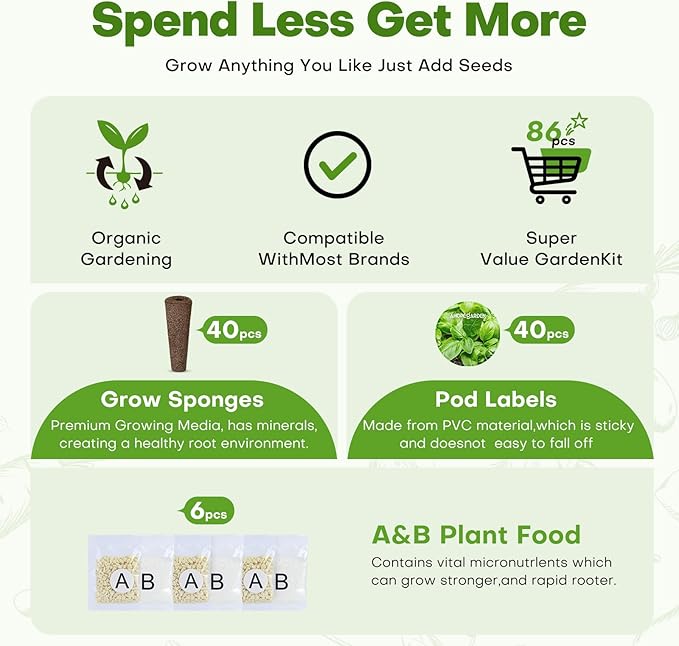 Ahopegarden 86PCS Hydroponic Pods Kit: Compatible with Aerogarden, iDOO, Most Brand Hydroponics Growing System, Indoor herb Garden Supplies Includes Grow Sponges, Labels, A&B Plant Food, Tweezer
