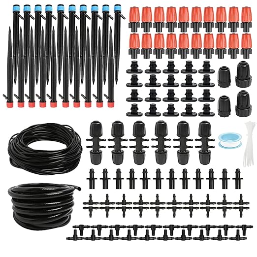240FT Drip Irrigation Kit, Adjustable Plant Mister, Automatic Irrigation System, Mefape Sprinkler System, Garden Watering System for Greenhouse Yard Lawn, 1/2” 1/4” Drip Tubing
