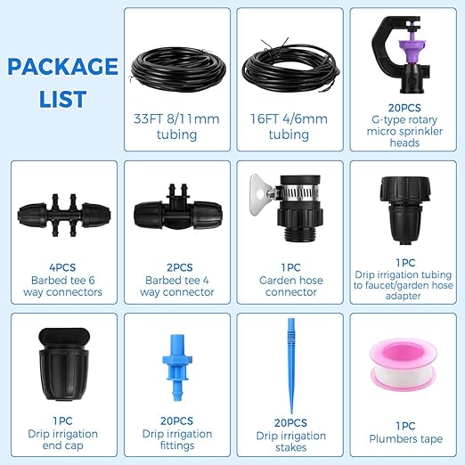 Drip Irrigation System Kit - Automatic Garden Watering System with G Type 360° Rotating Micro Sprinkler Heads & 33FT 8/11mm & 16FT 4/6mm Irrigation Tubing for Garden, Lawn, Greenhouse, Yard, Plant