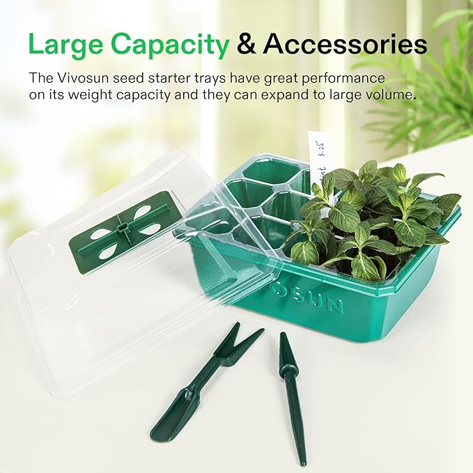 VIVOSUN 12-Pack Seed Starter Trays, 144-Cell Seed Starter Kit with Humidity Dome, Flat Reusable Plant Germination Trays with Drain Hole, Green Propagation Tray for Planting Seeds