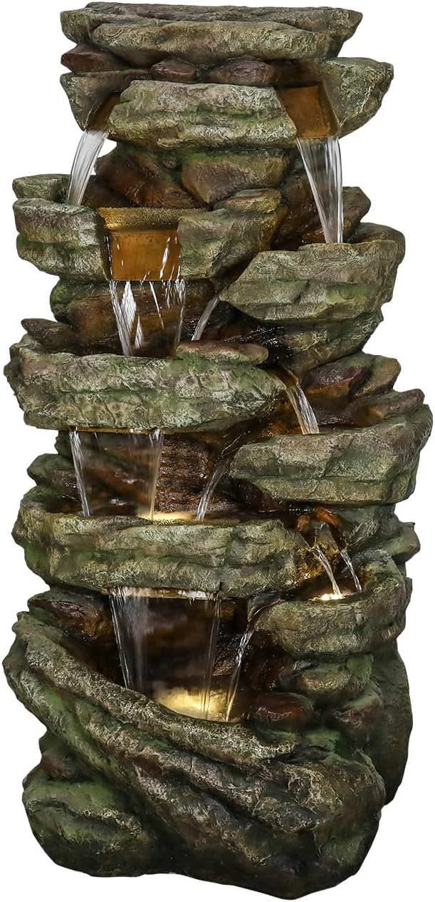SunJet 59" High Multi-Tiers Cascading Rock Outdoor Water Fountain with LED Lights - Large Outdoor Fountains and Waterfalls for Garden or Patio, Yard, and Deck Decor, Featuring Natural Stone Look