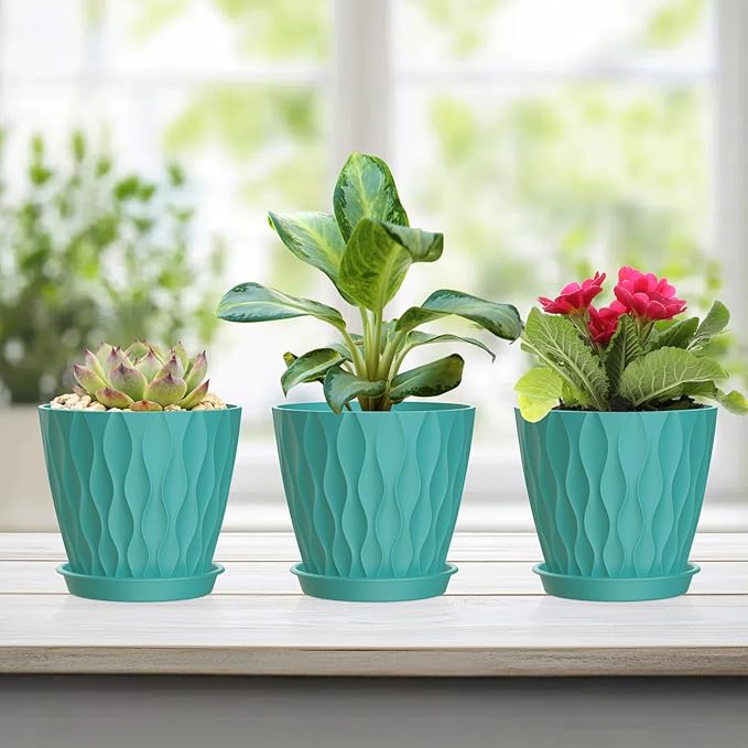 6 Pack 4 Inch Small Plant Pots with Saucers, Waffle Texture Plastic Planters with Drainage Holes for Indoor and Outdoor Plants, Flowers, Herbs, Succulents, and Seedlings, Blue