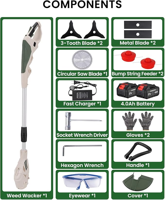 Electric Weed Wacker Cordless, Brushless Grass Trimmer with 2 21V 4.0Ah Batteries and Charger,4 Types of Blades String Trimmer, Weed Eater Battery Powered with Shoulder Strap, Lawn Edger Tool