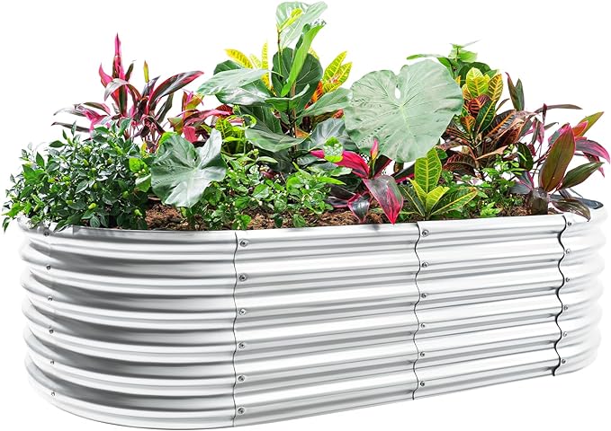 Land Guard 4×2×1.5ft Galvanized Raised Garden Bed Kit, Galvanized Planter Garden Boxes Outdoor, Oval Large Metal Raised Garden Bed for Vegetables……… (Classic Silver