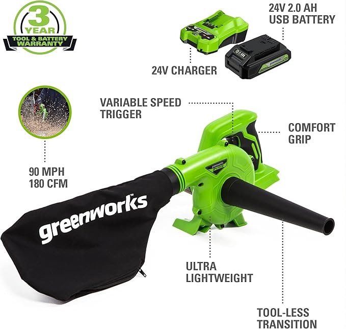 Greenworks 24V (90 MPH / 180 CFM / 150+ Compatible Tools) Cordless Shop Blower, 2.0Ah Battery and Charger Included