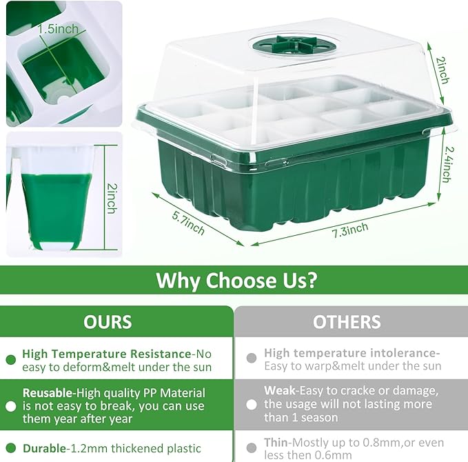 60 Cells Seed Starter Tray Seed Starter Kit,5 Pack Reusable Seedling Starter Trays with Flexible Silicone Bottoms and Humidity Domes,Indoor Greenhouse Garden Propagation Set for Seed Starting