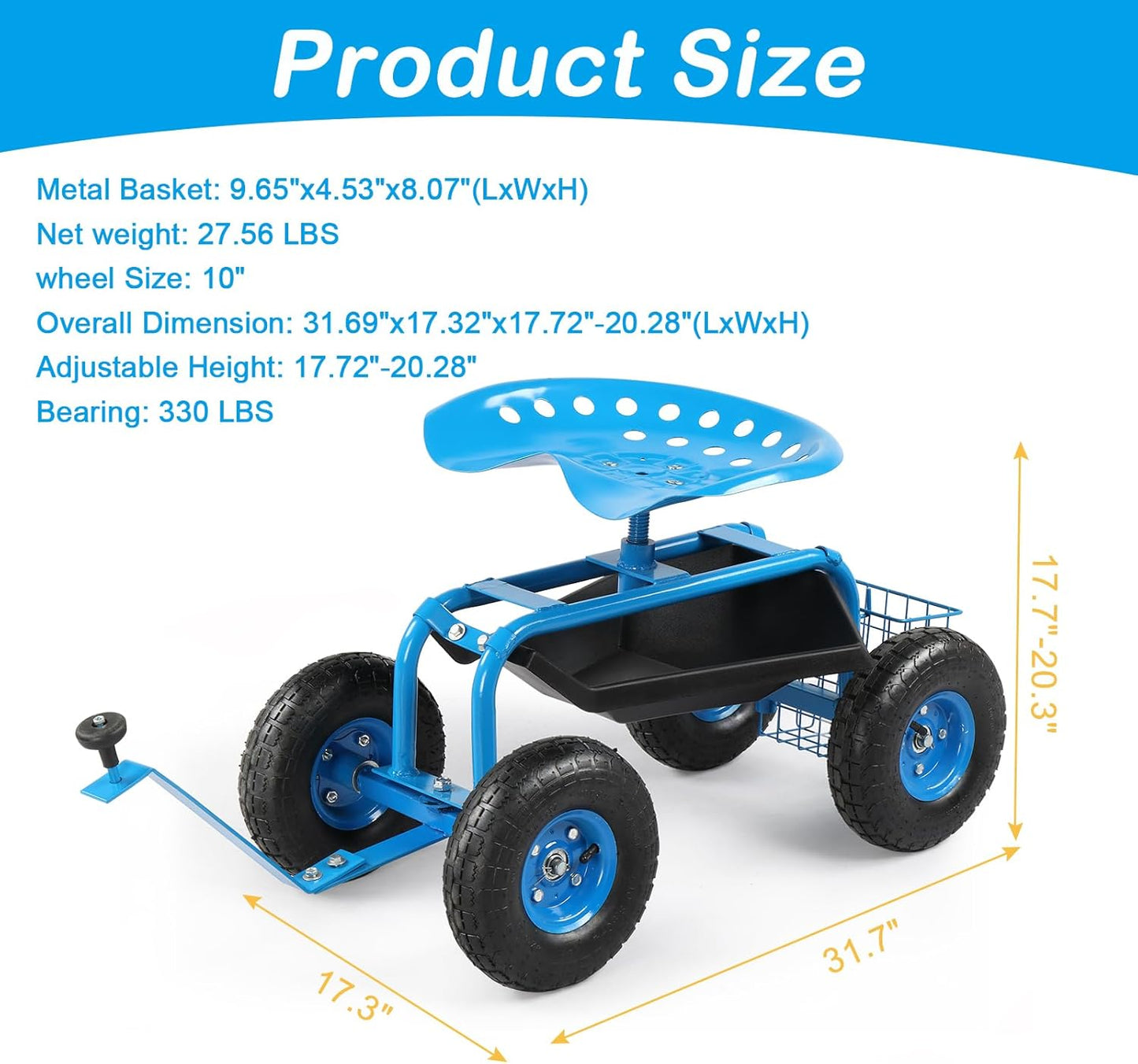 Outvita Garden Cart Gardening Workseat w/Wheels, Rolling Work Seat with Adjustable 360 Degree Swivel Seat, Basket and Tool Tray, Patio Wagon Scooter for Lawn Yard Outdoor Planting(Blue)