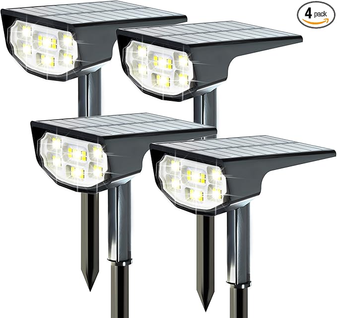 Solar Spot Lights Outdoor IP68 Waterproof, Ultra-Bright Performance,Simple Modes for Easier Operation, Auto On/Off,Solar Powered Landscape Lights for Garden, Yard, Pathway (Cool White, 4 Pack)