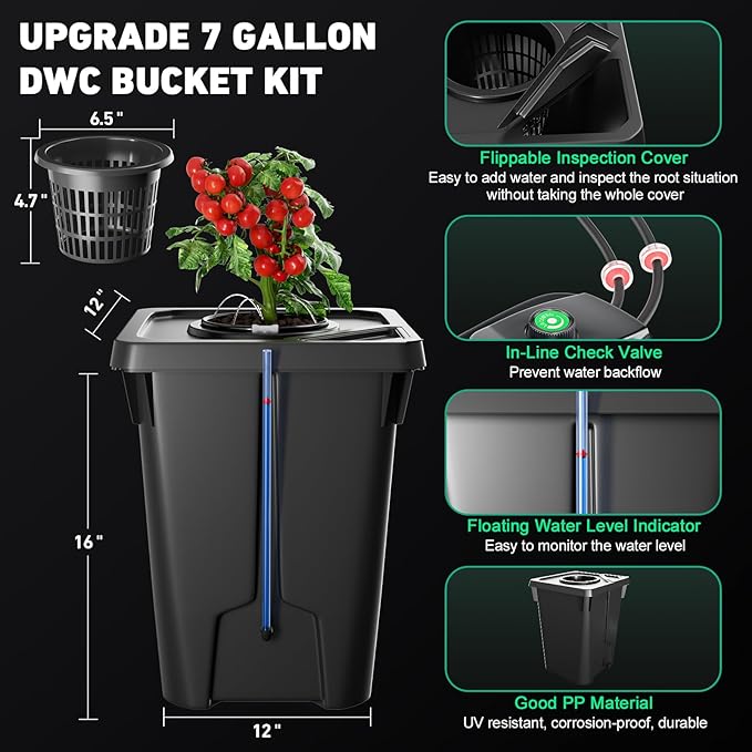 4 Buckets DWC Hydroponics Growing System with Top Drip Kit 7 Gallon Deep Water Culture Bucket System with Air Pump, Air Stone, Air Hose, Recirculating Drip Garden System