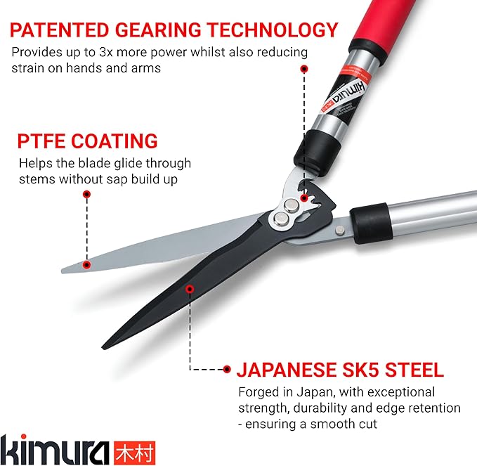 Kimura® Pro Telescopic Garden Shears - Premium Hedge Shears, Patented Gearing Technology, Lightweight Extendable Aluminium Handles, Japanese SK5 Steel Blades, Heavy Duty Gardening Shears - 650-850mm