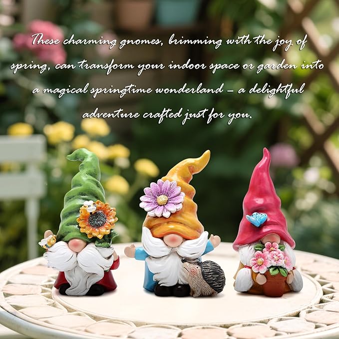 Hodao Set of 3 Spring Gnome Decorations Flower Gnomes Ornaments Decor Summer Outdoor Figurines Spring Elves for Porch, Garden Yard, Flower Bed Garden Gifts for Women, Mom (Multicolor)