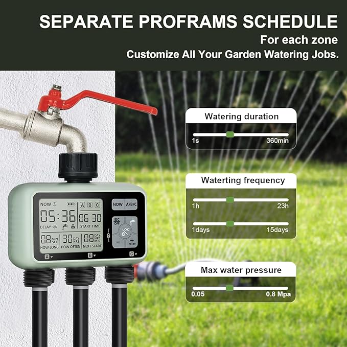 Sprinkler Timer,Auto&Manual Mode, Rain Delay Mode Water for Garden Hose Outdoor IPX5 Waterproof Irrigation Timer 3 Zone for Yard, Lawns and Pool