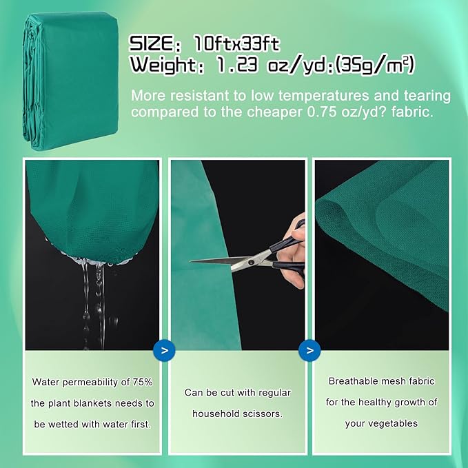Plant Covers Freeze Protection 10FT x 33FT,Reusable Garden Fabric Floating Row Cover for Greenhouse,1.23 oz/yd² Thick Breathable Plant Blankets Frost Shade Cloth for Clod Winter