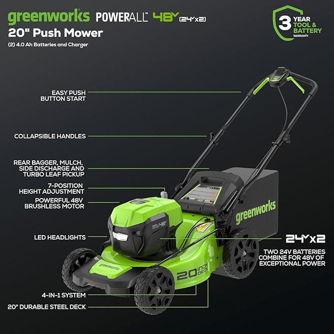 Greenworks 48V (24V x 2) 20" Brushless Cordless (Push) Lawn Mower (LED Headlight), (2) 4.0Ah Batteries and Dual Port Rapid Charger Included (150+ Compatible Tools)
