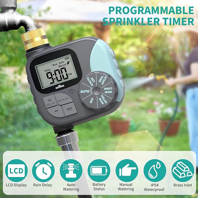 Sprinkler Timer for Garden Hose, Programmable Hose with Rain Delay/Manual/Automatic Irrigation System, Outdoor Irrigation Timer Controller for Lawn Yard, 1 Outlet