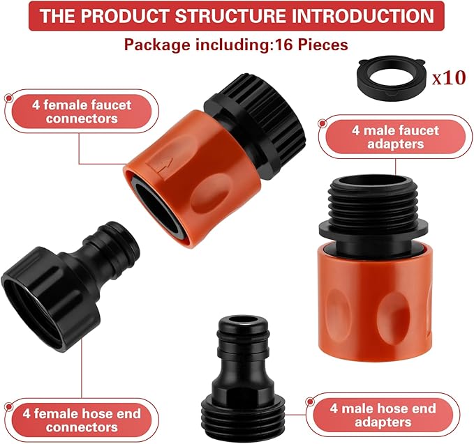 16 Pieces Garden Hose Quick Connect Fittings 3/4 Inch Plastic Water Hose Quick Connect Male and Female Water Hose End Adapters with 10 Pieces Rubber Washer (Red)