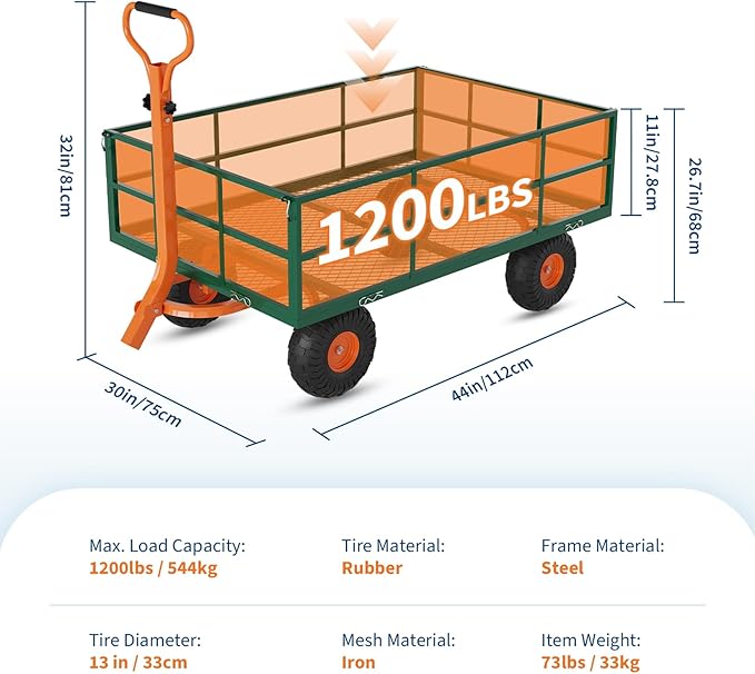 Versatile Garden Cart for Lawn and Yard with Heavy Duty Steel, 1200 Lbs Capacity Mesh Steel Garden Cart Folding Utility Wagon with Removable Side Panels, Long Handle, 10" Tires - Green and Orange