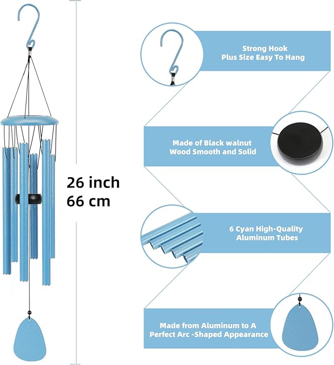 Aluminium Wind Chimes 26 Inches to Create a Zen Atmosphere Suitable for Outdoor, Garden, Patio Decoration. Classic Blue Wind Chimes with Wind Catcher Suitable as A Gift for Unisex