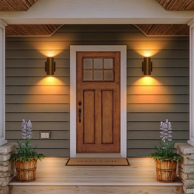 Modern Outdoor Wall Light 2 Packs Up and Down Lights, 7" Gold Exterior Light Fixture for House Porch Patio Garage