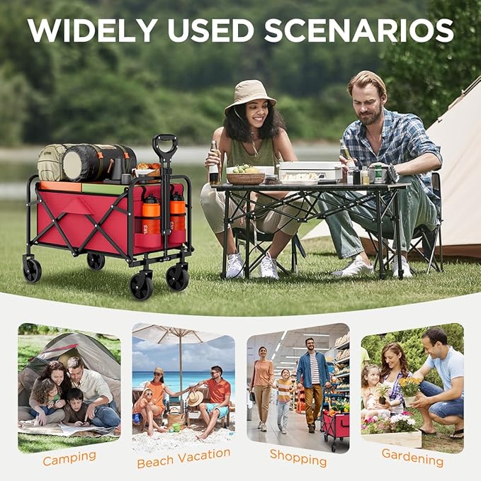 Collapsible Wagon Cart Foldable Beach Wagon with All-Terrain Wheels - 360 LBS Heavy Duty Grocery Cart for Shopping, Beach, Camping, Sports, Garden (Red)