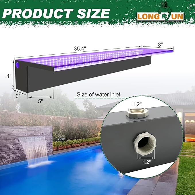 LONGRUN Acrylic Waterfall Spillway Multi-Color LED Light Pool Fountain, Water Spillway Outdoor Koi Pond Waterfalls Fountains Kit for Garden Koi Ponds Patio Swimming Pool Decoration-35.4"