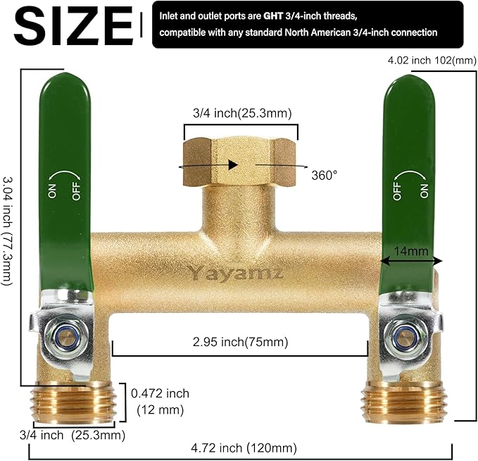 Garden Hose Splitter, 3/4” Rust and Freeze Resistant Outdoor Hose Manifold with 2 Green Extra Long Handles Faucet Adapter-Heavy Duty Brass 2-Way Valve