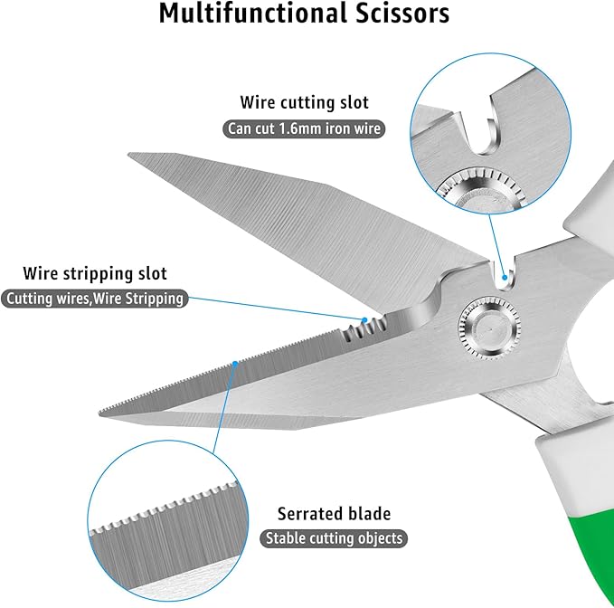 8-Inch Heavy Duty Utility Scissors All Purpose, Serrated Blade, Green Comfort Grip for Cutting Carpet, Cardboard, Leather, Fabric, Multipurpose Sharp Shears for Kitchen, Garden, Office, Carft