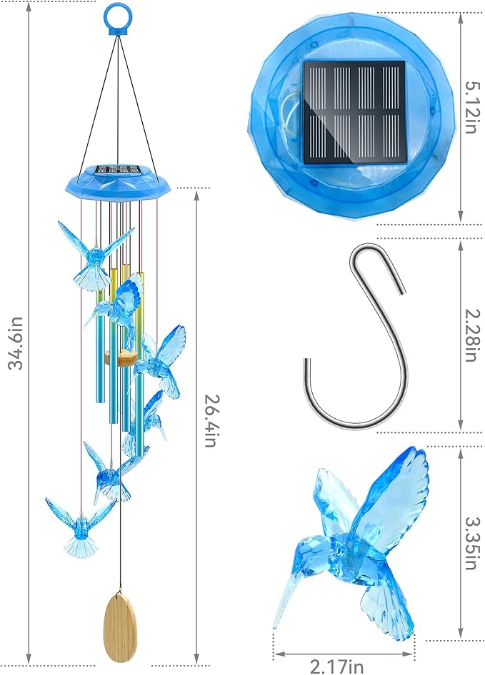 Hummingbird Solar Wind Chimes, Memorial Gifts for Mom, Glowing Top Color Changing Hummingbirds Moblie LED Wind Chime for Outside, Outdoor Home Party Garden Decor Light(Blue)