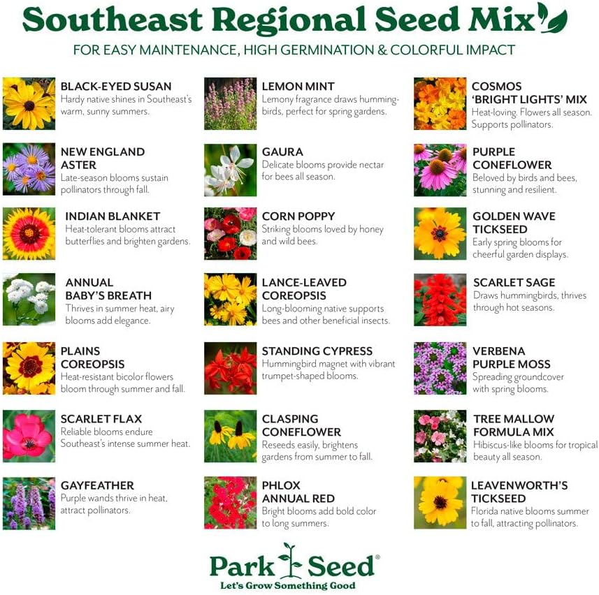 Park Seed Grow Your Own Vibrant Annual and Perennial Wildflower Garden Seeds Mixture, Easy to Grow Varieties for Pollinators and Spring Gardens - Southeast Regional Mix, 1 lb