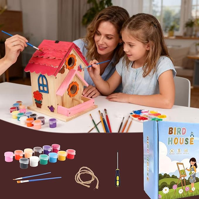 DIY Birdhouse Kit for Kids and Adults - Wooden Bird House Kit with Paint, Brushes, Glue, and Hanging Twine for a Hanging Birdhouse - Ideal Gift for Garden and Courtyard Outdoor Decor