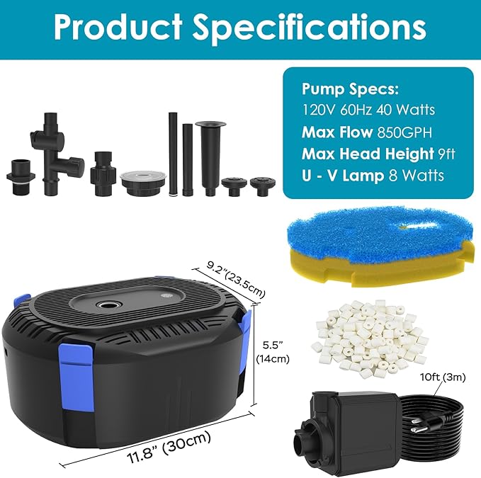 AquaMiracle All-in-1 Pond Fountain Kit 850GPH with 3-Spray Patterns Pond Filters System for Outdoor Ponds with Auto-Color LED & U - V Light to Clean Green Water Fountain Pump for 500-750 Gallon Ponds