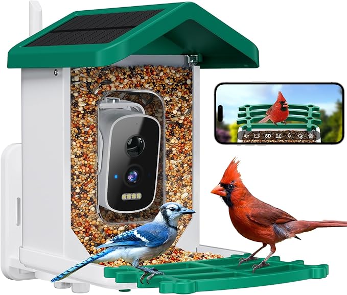 Smart Bird Feeder with Camera, AI Bird Species Identification Solar Powered Panel, 2.5k HD Video Bird House with Camera for Outside Garden, Ideal Gifts for Lover,Green