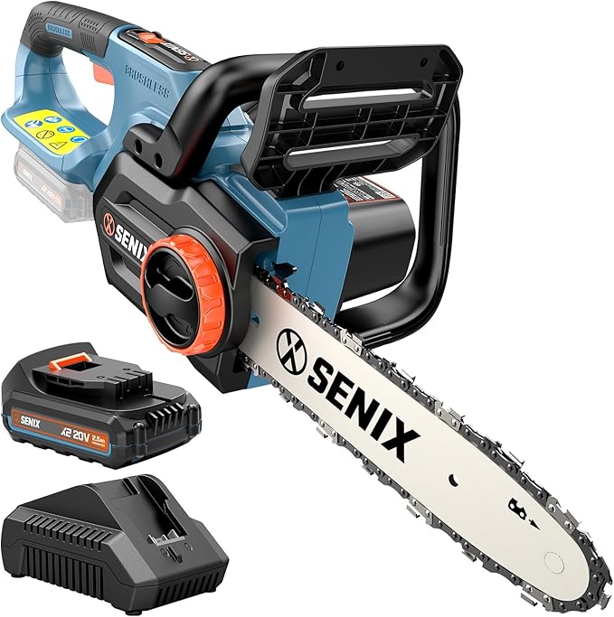 SENIX Chainsaw Cordless, 20V 10" Battery Chainsaw, Brushless Chain Saw, Includes 2.5Ah Battery & Charger, Garden Tool for Tree, Pruning, Branch Cutting, Yard, Fathers Day Gift, Tool-Free,CSX2-M