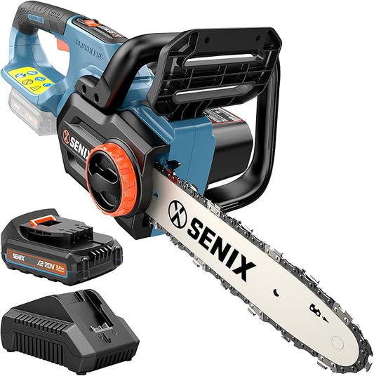 SENIX Chainsaw Cordless, 20V 10" Battery Chainsaw, Brushless Chain Saw, Includes 2.5Ah Battery & Charger, Garden Tool for Tree, Pruning, Branch Cutting, Yard, Fathers Day Gift, Tool-Free,CSX2-M
