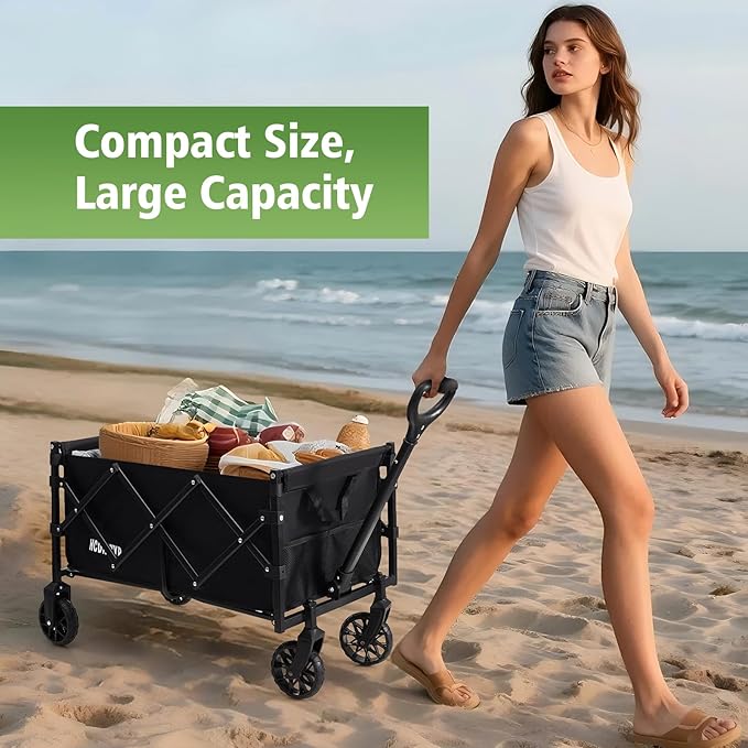 Collapsible Heavy-Duty Wagon Cart with PVC Wheels, Portable Folding Outdoor Utility Wagon for Sports, Garden, Grocery Shopping,Camping, Transportation,Hauling (120L)