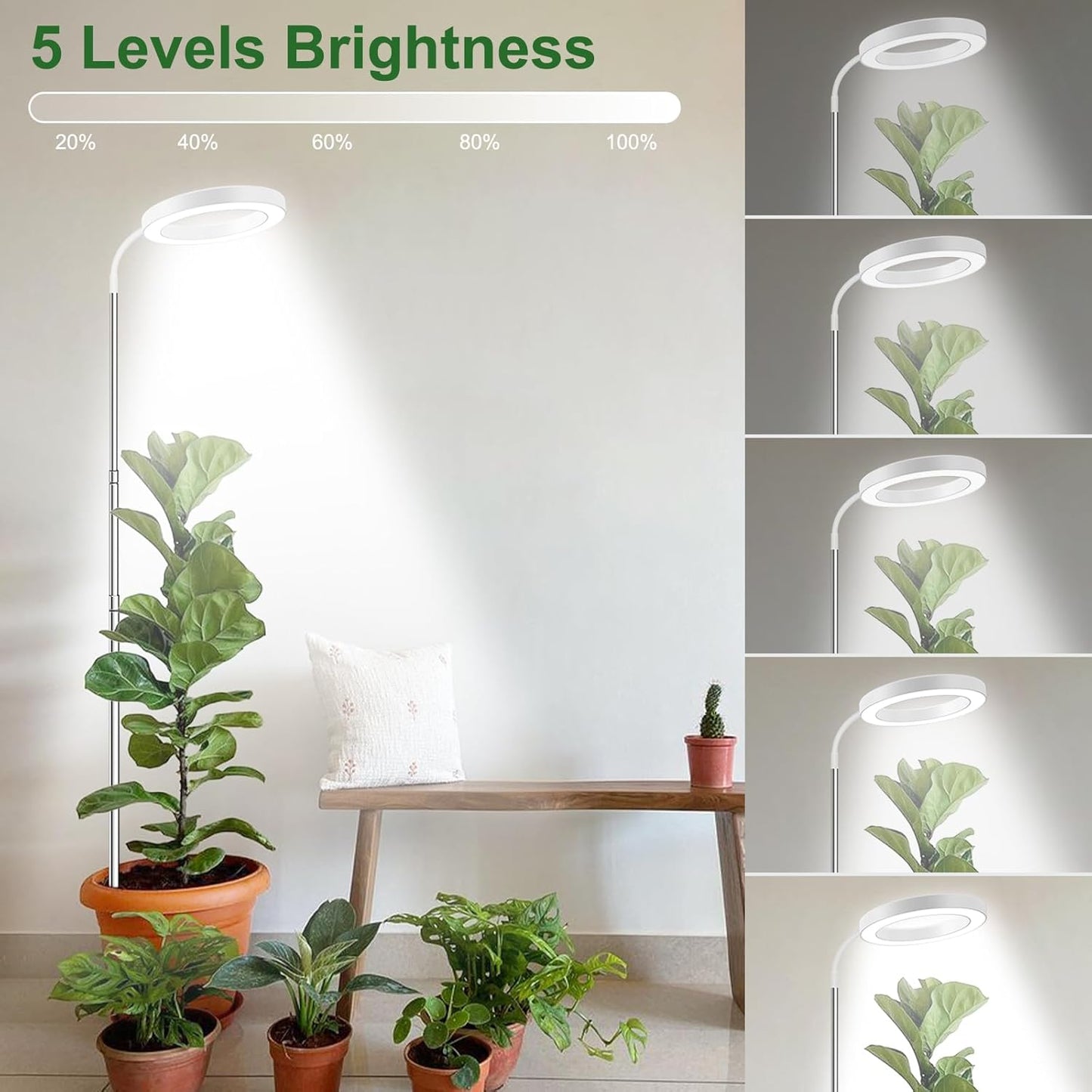 wolezek Grow Lights for Indoor Plants Full Spectrum, 80 LEDs 3 Colors Grow Light, 65in Large Plant Lights for Indoor Growing with 360ยฐGooseneck, 6/12/16H Timer, 5 Brightness, Height Adjustable, White
