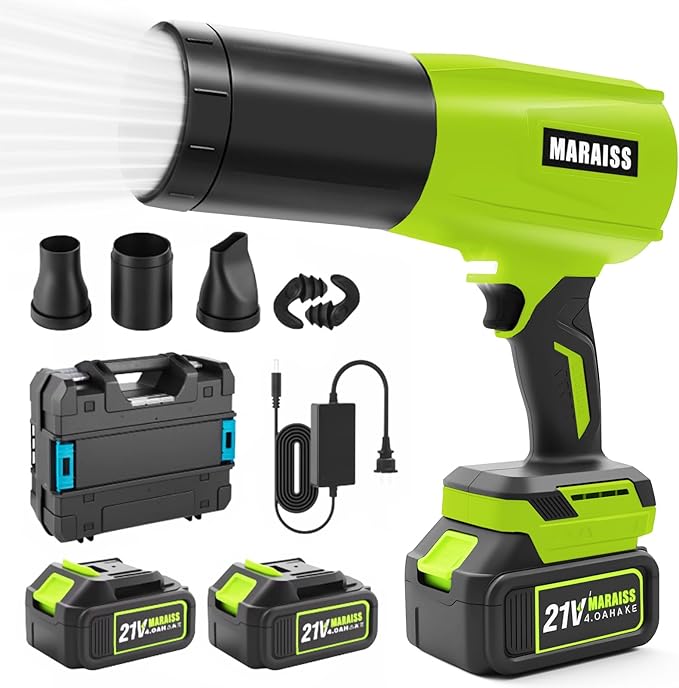 Cordless Leaf Blower with 2 X 4.0A 20000mAh Batteries Brushless Motor, Lightweight Low Decibel Turbo Jet Blower with Pro Earplugs for Patio Cleaning,Car Blowing Water, Blowing Leaves and Dust (Green)