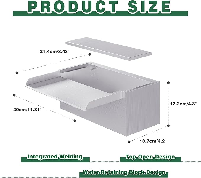 Pond Waterfall Spillway LONGRUNNEW 304 Stainless Steel 11.8" Rectangular Waterfall Spillway, Water Fall Fountain with Pipe Connector for Garden Outdoor, Swimming Pools, Fountains, Pond and Spa