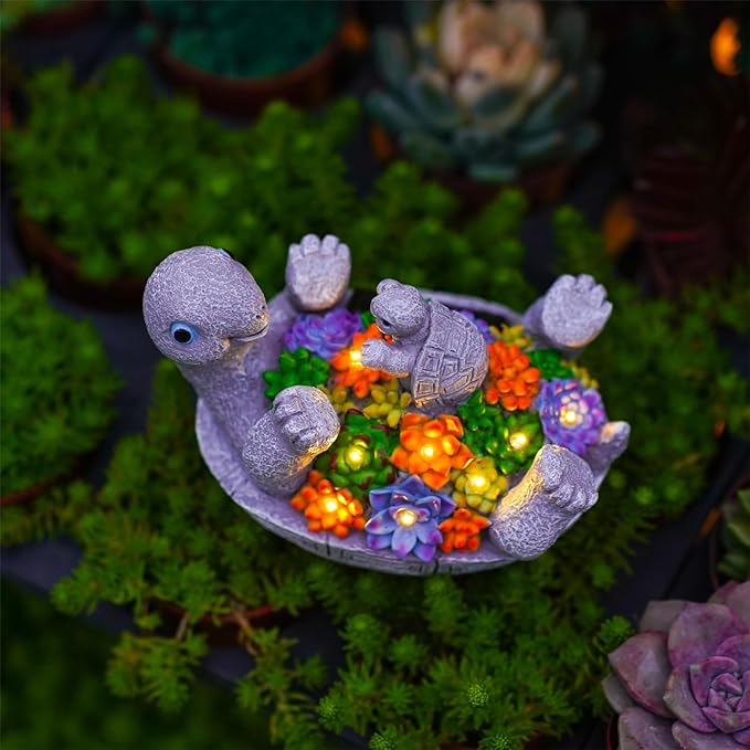 Solar Turtle Figurines Garden Decor, Cute Turtle Statue with Baby with 8 LED Solar Lights Garden Lawn Decorations for Patio & Yard, Gifts for Mom