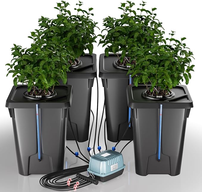 4 Buckets DWC Hydroponics Growing System with Top Drip Kit 7 Gallon Deep Water Culture Bucket System with Air Pump, Air Stone, Air Hose, Recirculating Drip Garden System