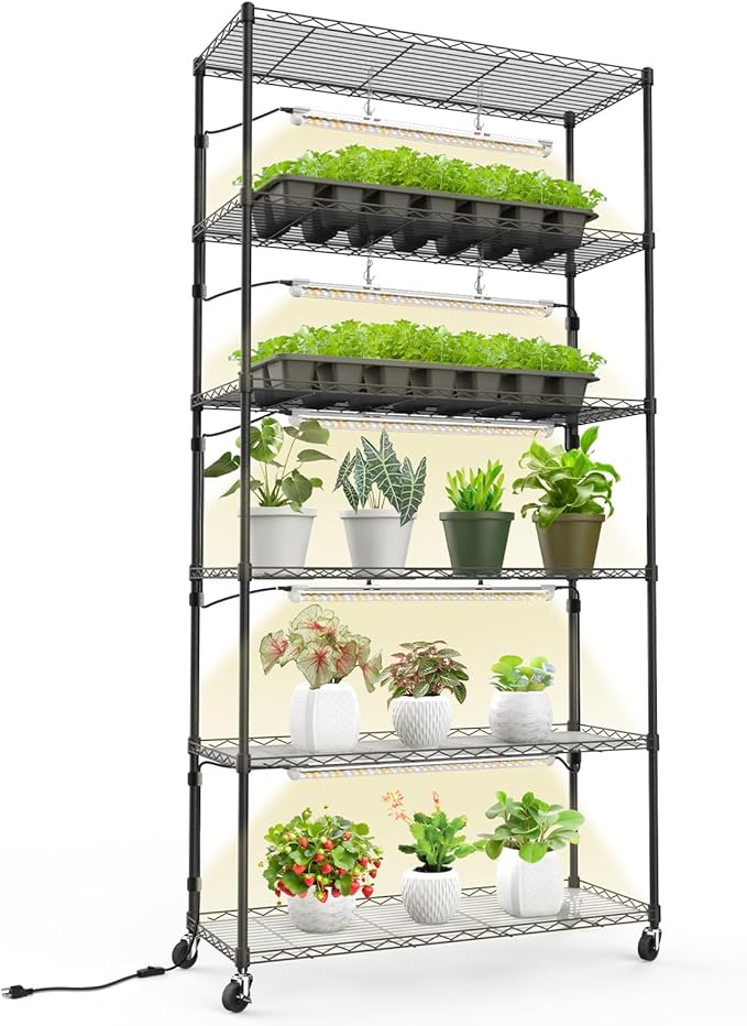 Bstrip Plant Shelf with Grow Light, Metal Plant Stand with Adjustable Rack and Wheels, 5 Pack T8 Full Spectrum Grow Light Strip for Indoor Plants, Seed Starting, Seed Tray, 35.4"x13.8"x71"