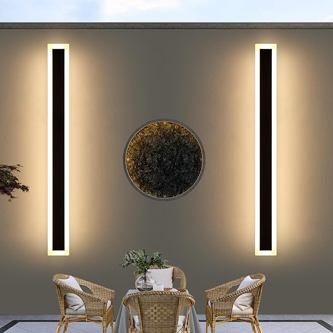 Upgrade Widened 2 Pack LED Outdoor Wall Lights, 57inch Modern Lighting Fixture, 3000K Warm White, IP65 Waterproof, 50W, White Acrylic, Black Minimalist Wall Mount Sconce for Balcony, Yard, Fence