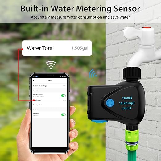 WiFi Water Timer with Flow Meter - No Hub Required, Flow-Sensing Smart Sprinkler Timer Compatible with Alexa & Google Home, Wireless Remote Garden Irrigation, Real-Time Water Usage Monitor