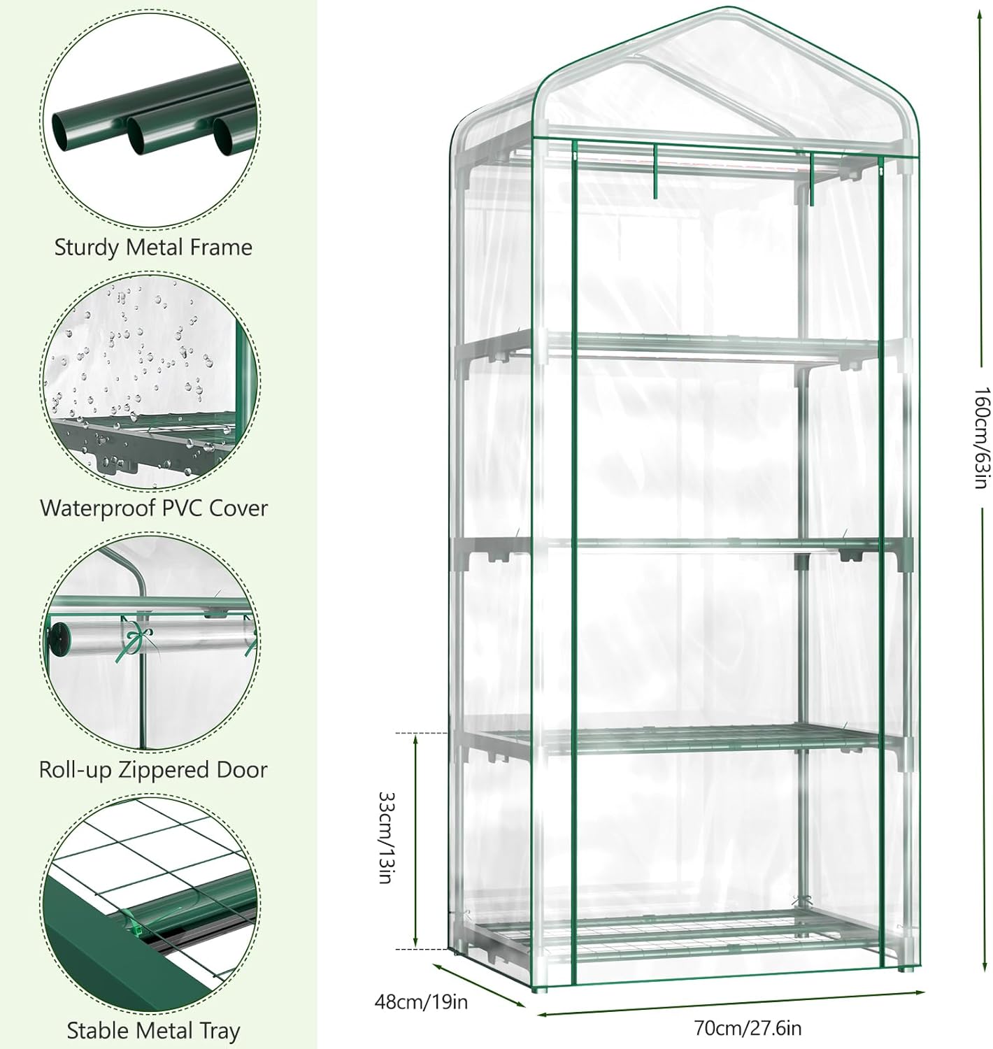 Indoor Greenhouse with Grow Light, 5-Tier 35.4"x19"x74.8" Mini Greenhouse with Roll-Up Zippered PVC Cover for Seed Starting Trays, Dimmable Grow Light Shelf for Indoor Plants with Timer