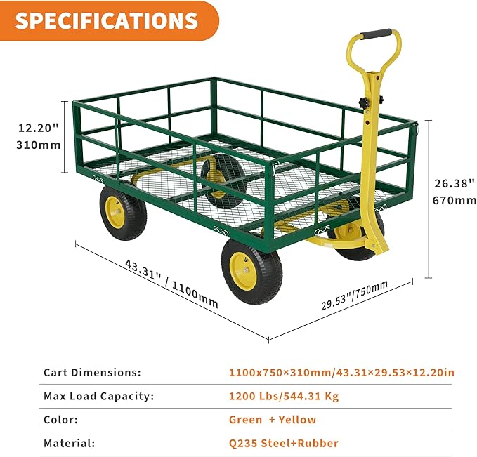 3-in-1 Heavy-Duty Steel Garden Cart, 1200 Lbs Garden Wagon, with 13 Inch All-Terrain Tires and Removable Mesh Side Panels, 180° Rotating Handle, Metal Multi-Function Carts, Outdoor Gardens Wagon Cart