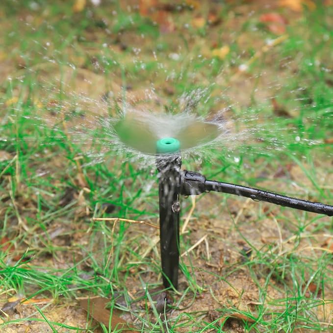 50pcs Drip Irrigation Emitters Sprayer for 1/4" Drip Irrigation Tubing Adjustable 360 Degree Water Flow Drippers on 6.5" Sturdy Stake with Lock Barbed Irrigation Drippers for Watering System